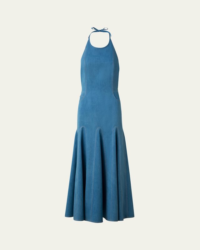 Mixed-Media Halter Pleated Midi Dress